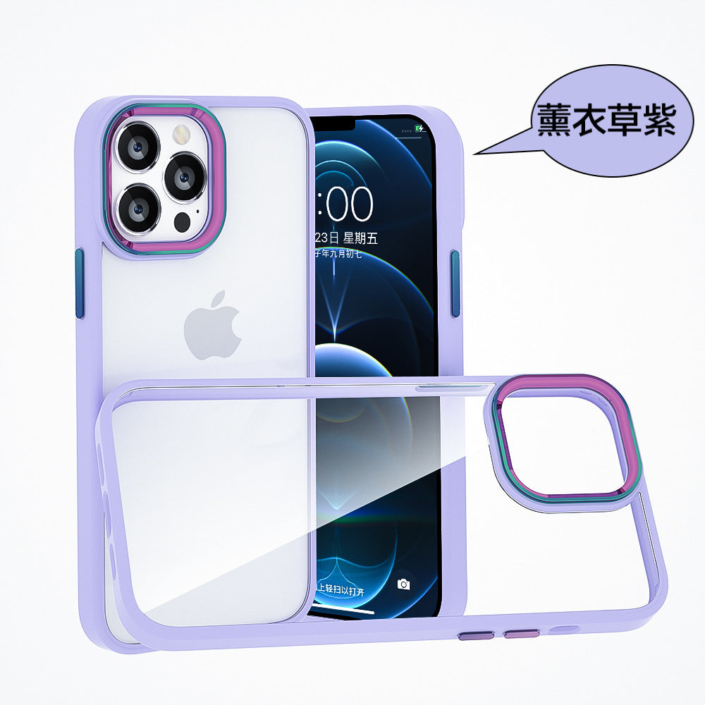 iPhone【鈦金金屬鏡頭防摔殼 】磨砂軟邊TPU+高透亮PC背板一體成型【科技鈦色鏡頭+可換式按鍵】