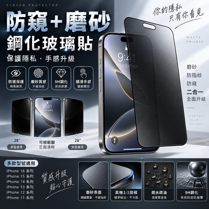 iPhone 防窺＋磨砂鋼化玻璃貼｜防指紋抗眩光・隱私保護・9H防刮｜多款型號適用