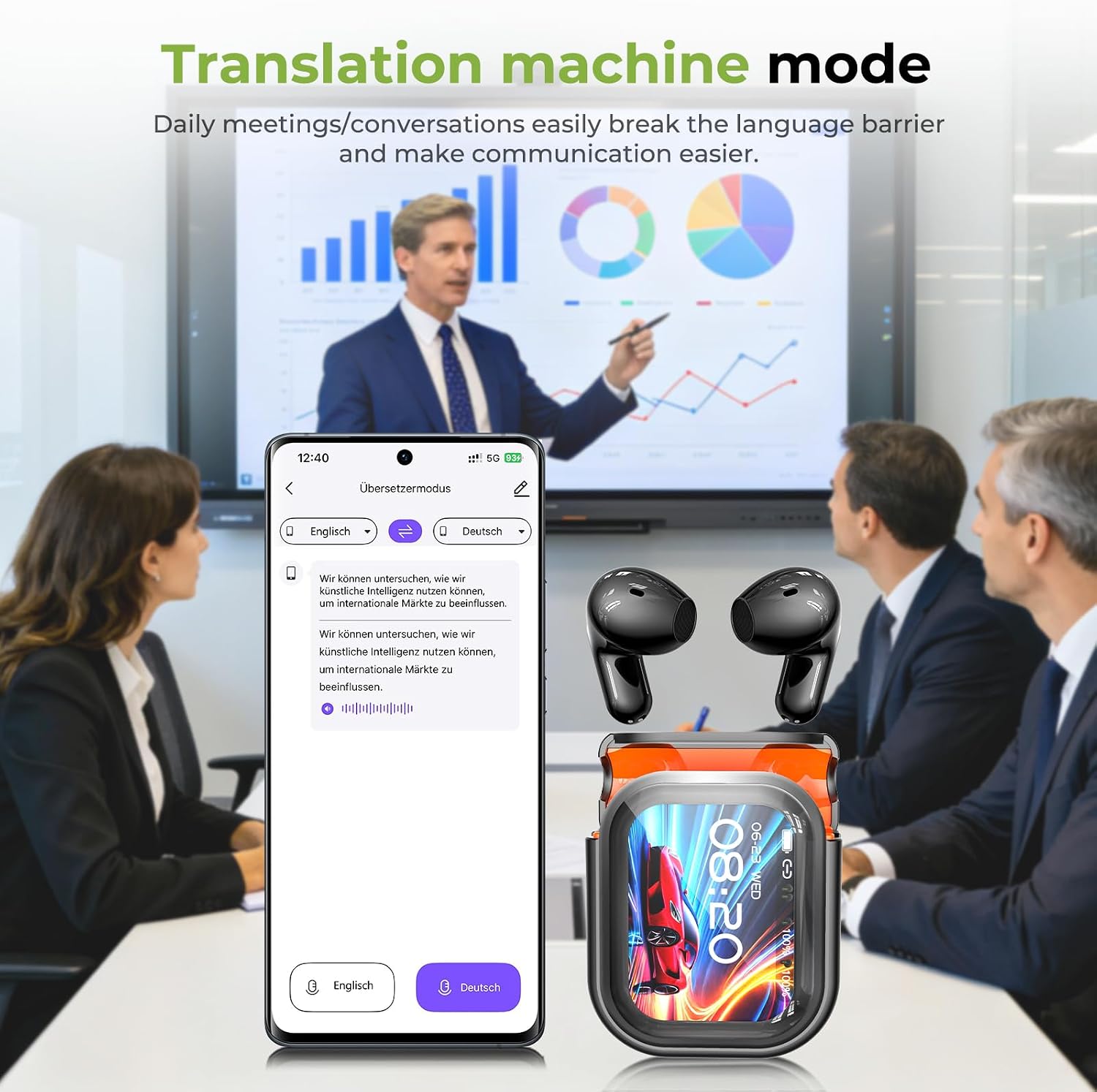 AI 雙向即時翻譯耳機 NE20 – 觸控螢幕智慧耳機