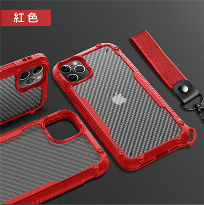 iPhone二合一碳纖紋掛繩防摔殼 【TPU+PC軍規防摔雙材質】附贈同色掛繩