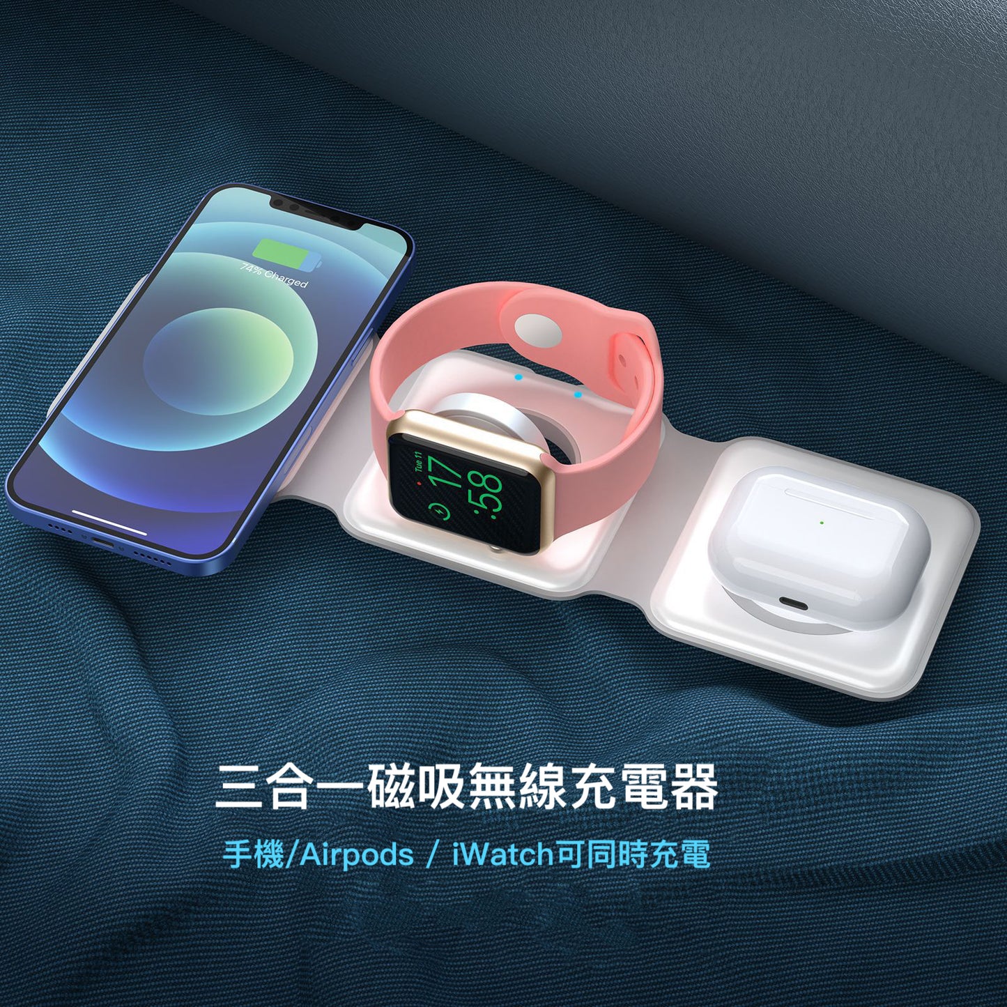 【折疊支架無線充電】 三合一磁吸無線充電器15W無線充電-支援QI無線、PD、ＱＣ等多種快充協議