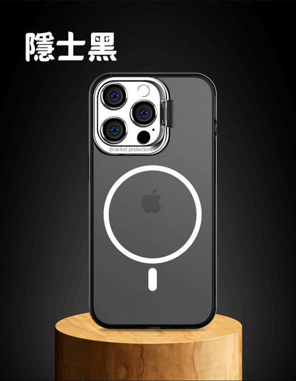 【隱形支架磁吸殼】翻蓋金屬鏡頭支架 半透磨砂防摔殼 /適用於 iPhone 15系列14系列/13系列/12系列