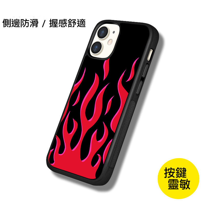 iPhone系列【黑色紅火】塗鴉彩繪系列防摔殼，黑邊TPU+鋁片二合一殼體 防摔、防塵、防刮花