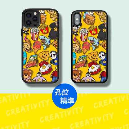 iPhone系列【黃色卡通】塗鴉彩繪系列防摔殼，黑邊TPU+鋁片二合一殼體 防摔、防塵、防刮花