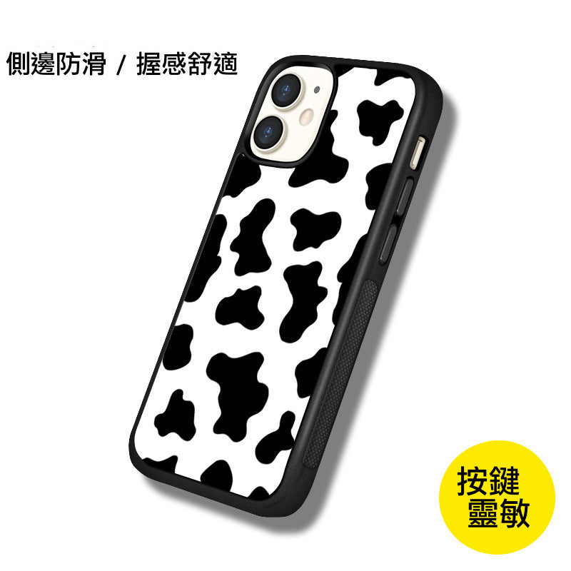iPhone系列【黑白牛奶圖騰】塗鴉彩繪系列防摔殼，黑邊TPU+鋁片二合一殼體 防摔、防塵、防刮花
