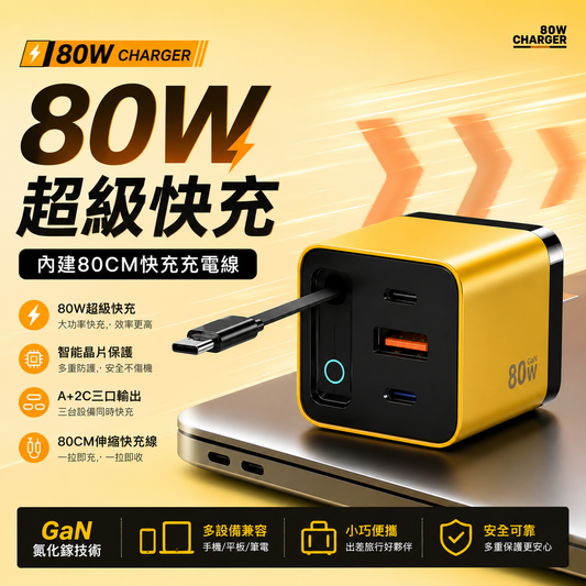 80W GaN氮化鎵伸縮快充充電器｜內建60CM Type-C充電線｜A+2C三孔輸出｜手機平板筆電快充頭