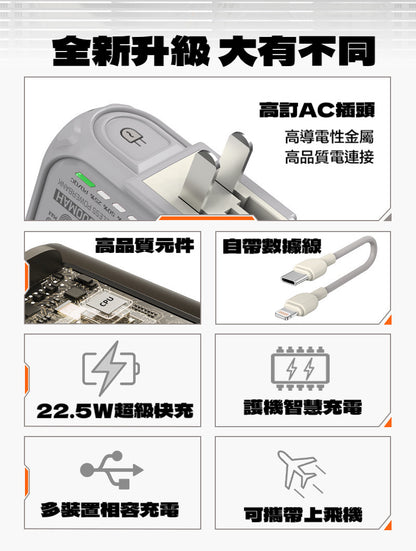 機甲風【自帶插頭10000mAh大電量magsafe行動電源】（附1條萬用線）22.5W快速充電＋15W磁吸無線充電＋手機支架多孔