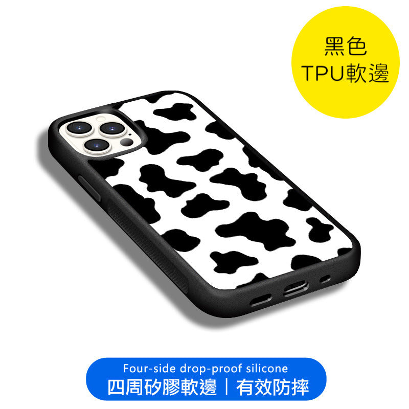 iPhone系列【黑白牛奶圖騰】塗鴉彩繪系列防摔殼，黑邊TPU+鋁片二合一殼體 防摔、防塵、防刮花