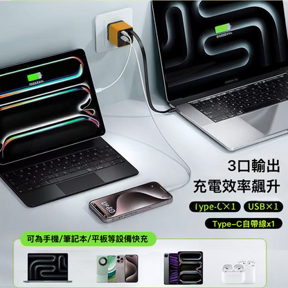 80W GaN氮化鎵伸縮快充充電器｜內建60CM Type-C充電線｜A+2C三孔輸出｜手機平板筆電快充頭
