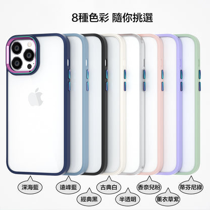 iPhone【鈦金金屬鏡頭防摔殼 】磨砂軟邊TPU＋高透亮PC背板一體成型【科技鈦色鏡頭＋可換式按鍵】