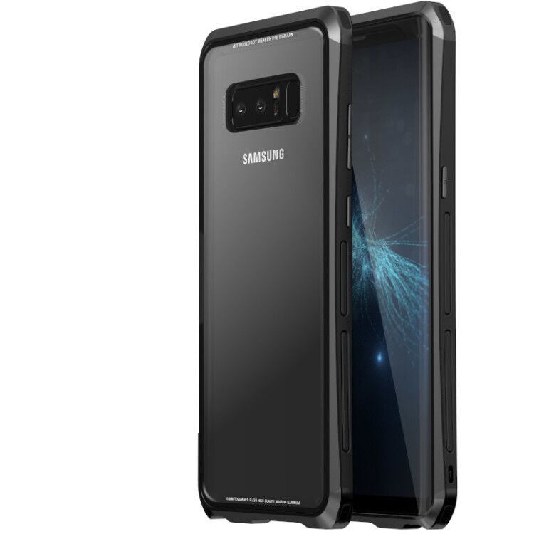 二代鋼盾 NOTE9/NOTE8超值優惠組合【鋁合金鋼化玻璃防摔殼】（內含：鋁合金玻璃防摔殼＋3D滿版玻璃貼＋鏡頭保護套）免螺絲雙材質 截斷金屬 訊號無阻
