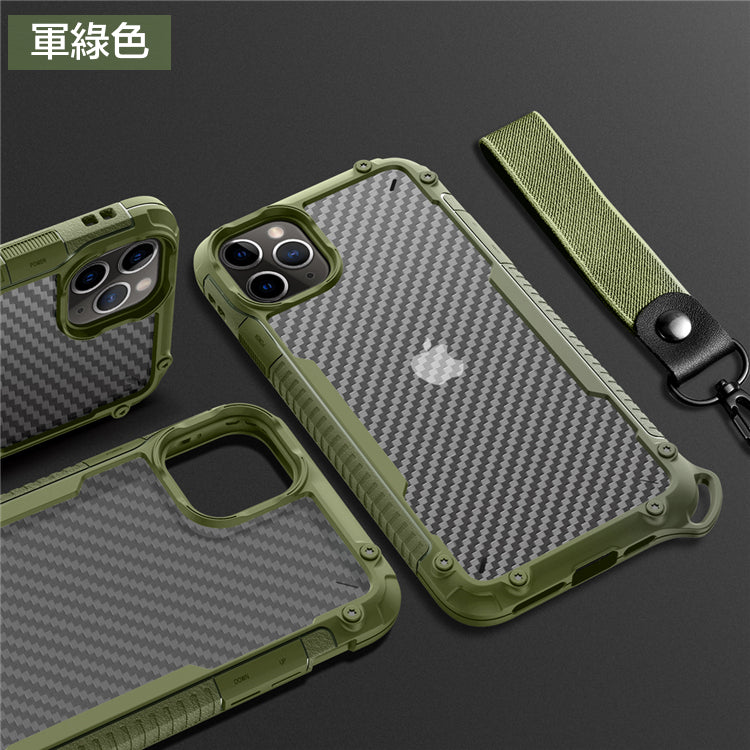 iPhone二合一碳纖紋掛繩防摔殼 【TPU+PC軍規防摔雙材質】附贈同色掛繩