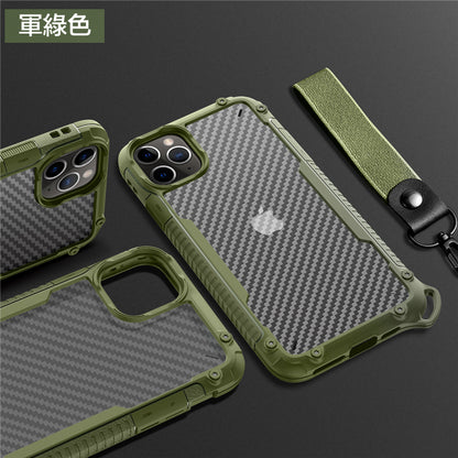iPhone二合一碳纖紋掛繩防摔殼 【TPU+PC軍規防摔雙材質】附贈同色掛繩