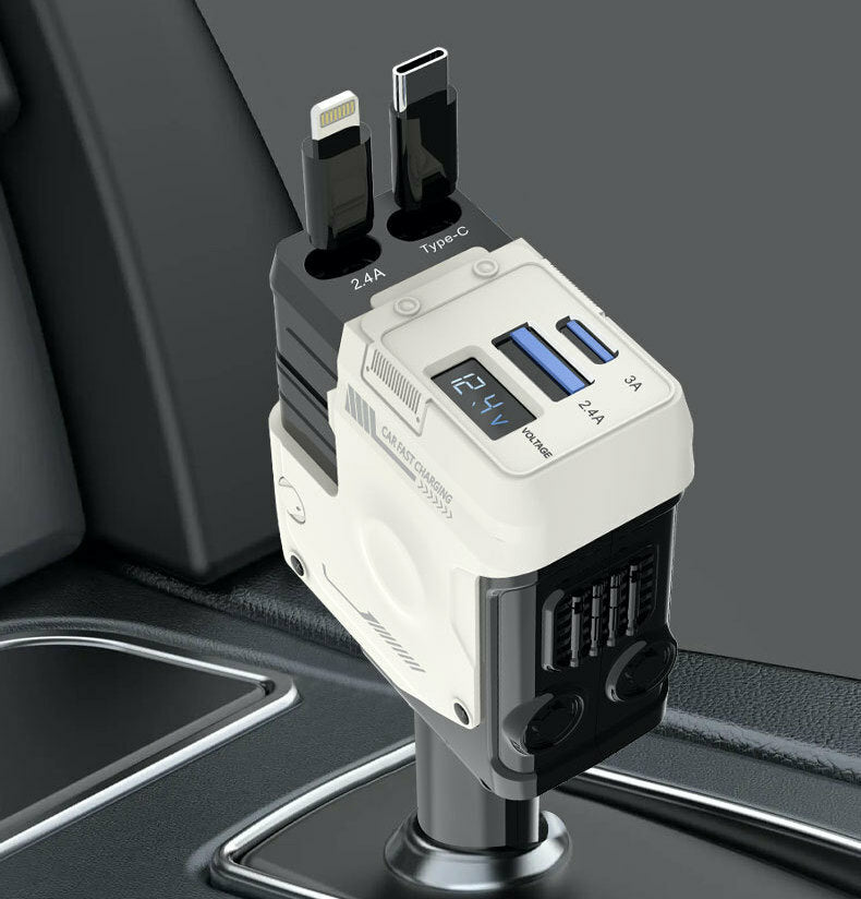 【VP吸血鬼】 120W超级快充伸縮車充 2條伸縮充電線，2孔充電孔，可旋轉