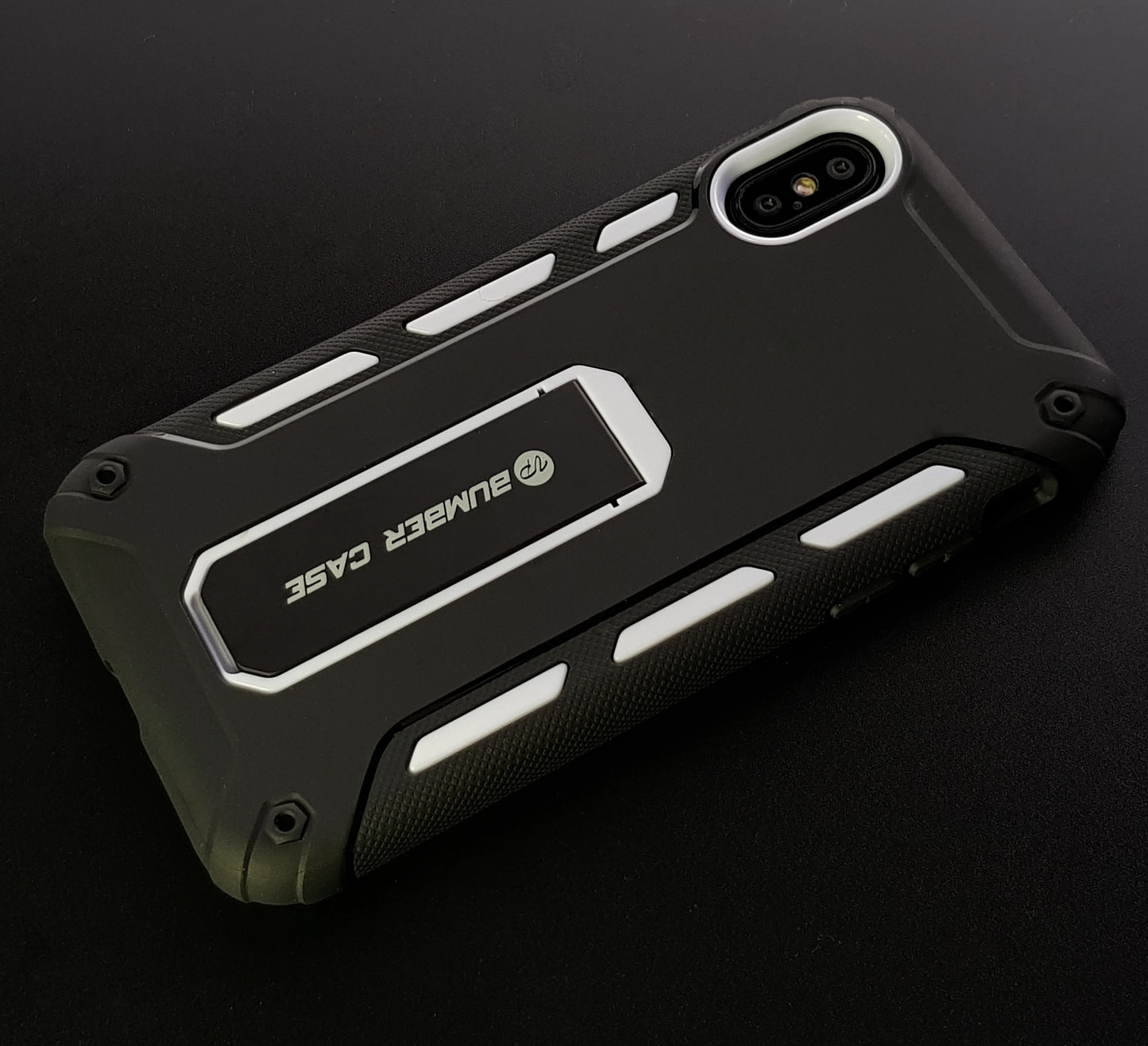 (超值優惠組合iPhone X / Xs『airbox』支架軍規防摔殼【強效防摔，便利支架】 //內含：AIRBOX防摔殼 x1 ＋ 3D康寧滿版玻璃貼＋馬卡龍鏡頭保護套