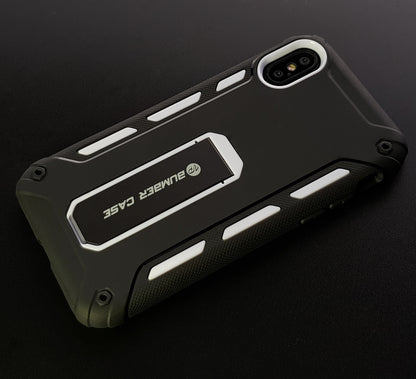 (超值優惠組合iPhone X / Xs『airbox』支架軍規防摔殼【強效防摔，便利支架】 //內含：AIRBOX防摔殼 x1 ＋ 3D康寧滿版玻璃貼＋馬卡龍鏡頭保護套