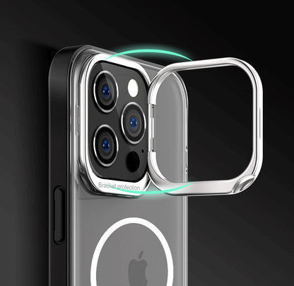 【隱形支架磁吸殼】翻蓋金屬鏡頭支架 半透磨砂防摔殼 /適用於 iPhone 15系列14系列/13系列/12系列