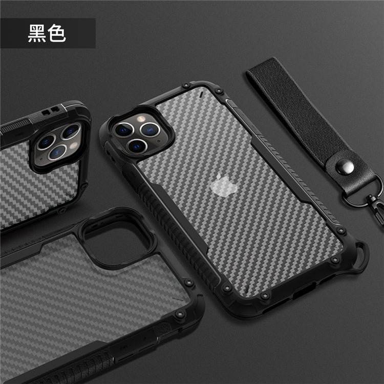 iPhone二合一碳纖紋掛繩防摔殼 【TPU+PC軍規防摔雙材質】附贈同色掛繩
