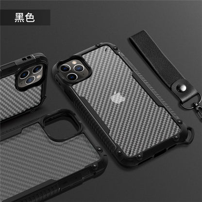 iPhone二合一碳纖紋掛繩防摔殼 【TPU+PC軍規防摔雙材質】附贈同色掛繩