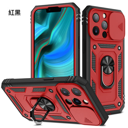 iPhone 【三合一鏡頭翻蓋手機殼】多色可選，銀幕邊框保護設計，具有指環支架