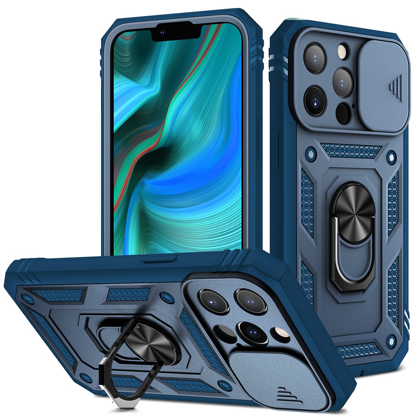 iPhone 【三合一鏡頭翻蓋手機殼】多色可選，銀幕邊框保護設計，具有指環支架