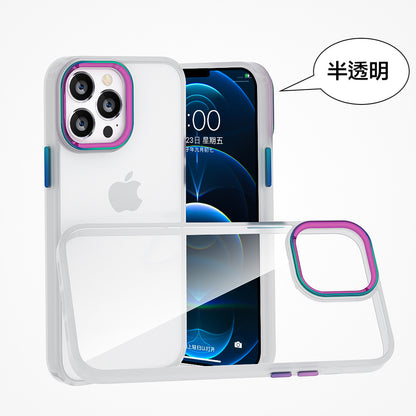iPhone【鈦金金屬鏡頭防摔殼 】磨砂軟邊TPU＋高透亮PC背板一體成型【科技鈦色鏡頭＋可換式按鍵】