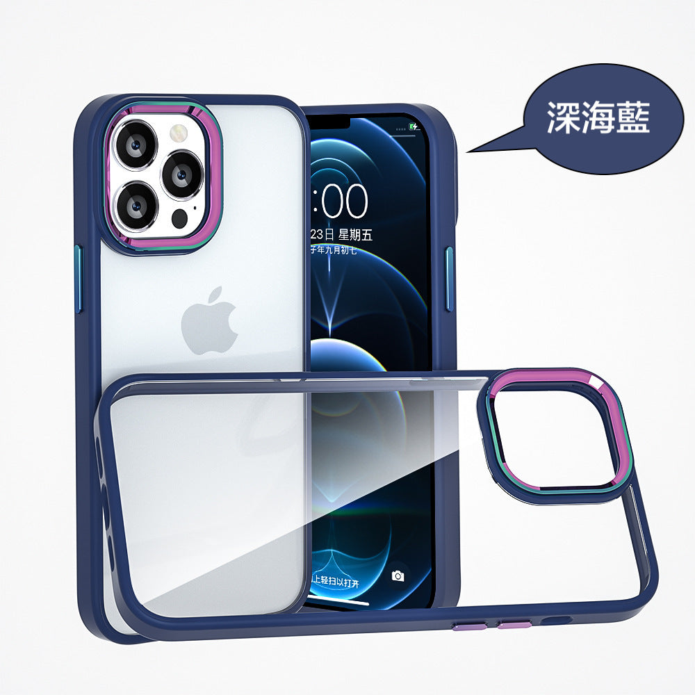 iPhone【鈦金金屬鏡頭防摔殼 】磨砂軟邊TPU＋高透亮PC背板一體成型【科技鈦色鏡頭＋可換式按鍵】