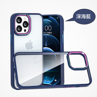 iPhone【鈦金金屬鏡頭防摔殼 】磨砂軟邊TPU＋高透亮PC背板一體成型【科技鈦色鏡頭＋可換式按鍵】