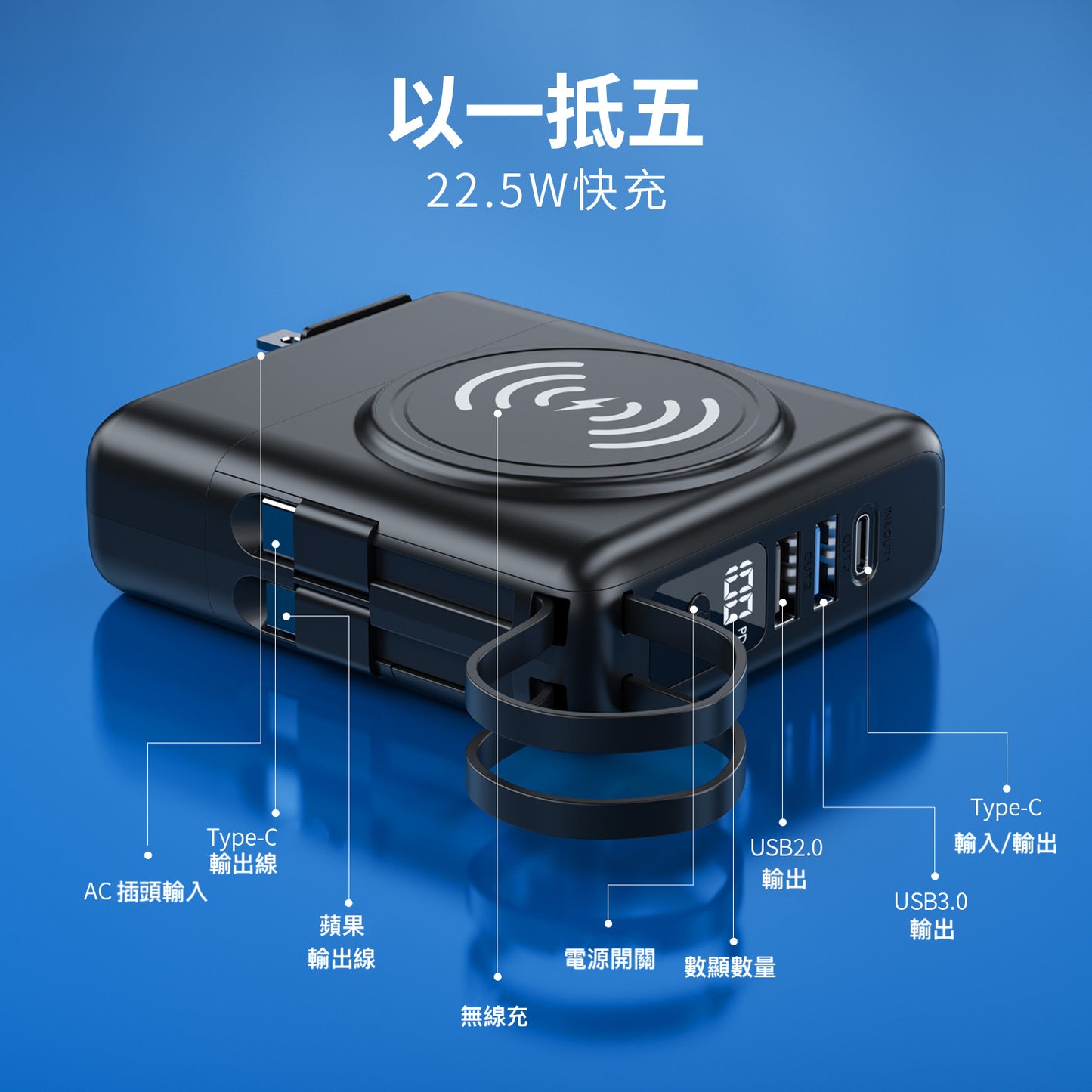 K08無敵萬能器【十合一插頭可分快充行動電源】（附2條充電線）22.5W 10000mAh大電量行動電源＋15W磁吸無線充電＋手錶充電器＋手機支架多孔快充頭