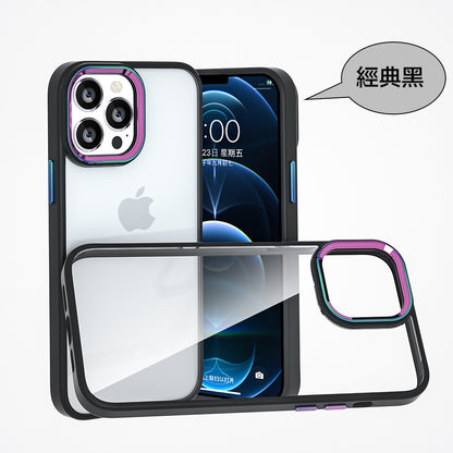 iPhone【鈦金金屬鏡頭防摔殼 】磨砂軟邊TPU＋高透亮PC背板一體成型【科技鈦色鏡頭＋可換式按鍵】