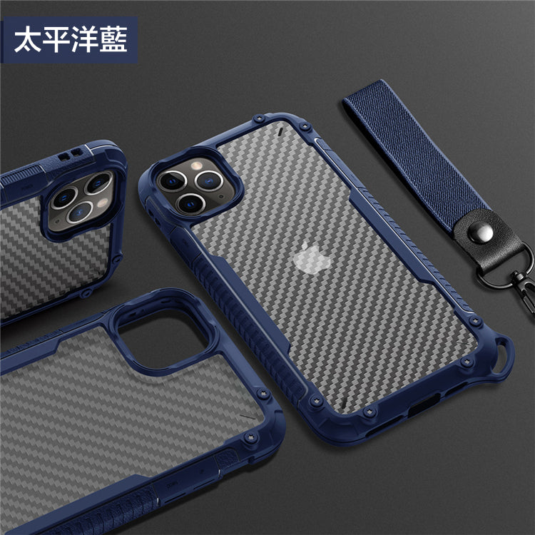 iPhone二合一碳纖紋掛繩防摔殼 【TPU+PC軍規防摔雙材質】附贈同色掛繩