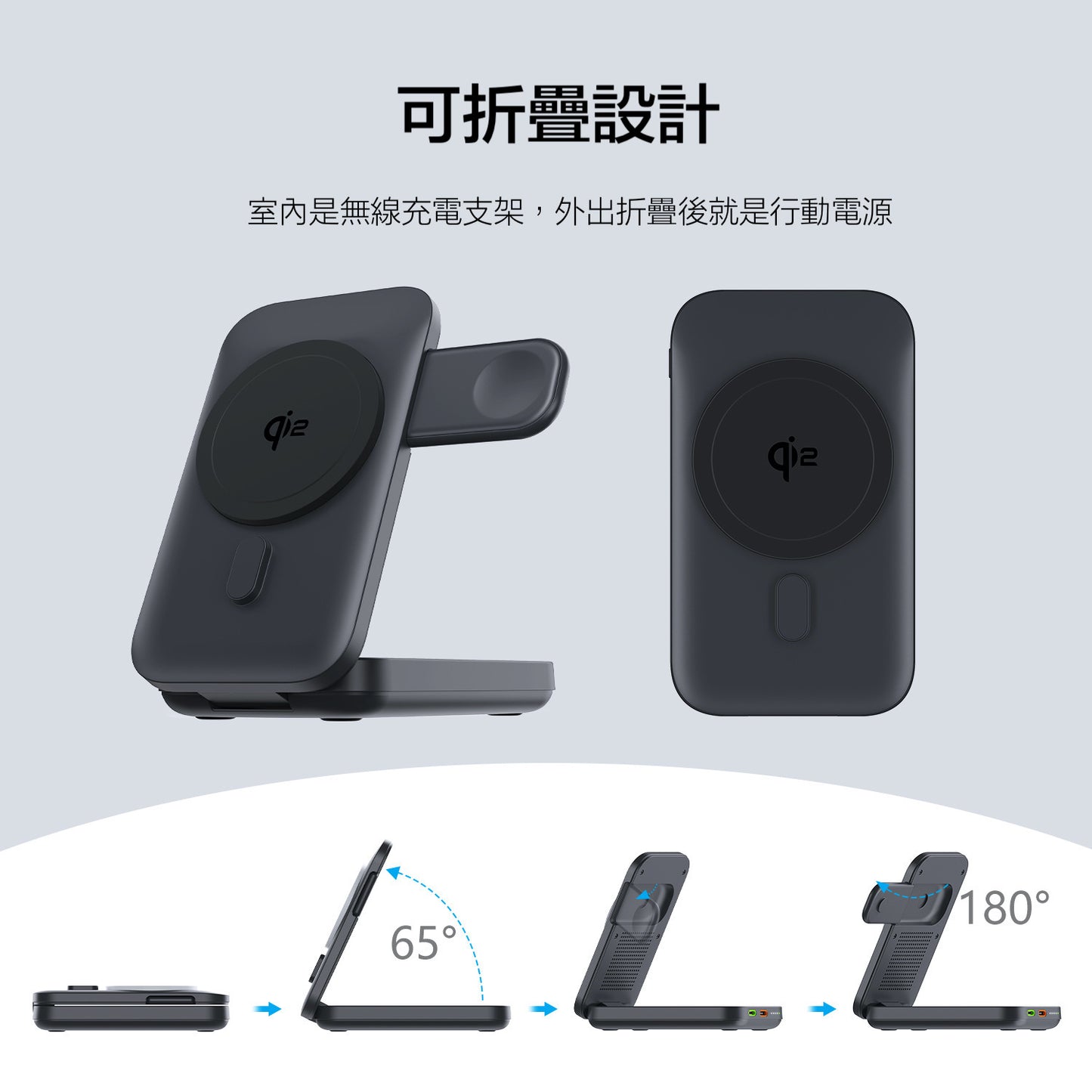 QI2超高速折疊式【三合一快充10000mAh行動電源】10000mAh大電量行動電源＋20W磁吸無線充電＋手錶充電器