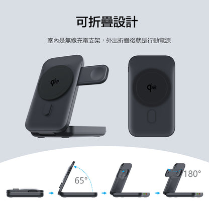 QI2超高速折疊式【三合一快充10000mAh行動電源】10000mAh大電量行動電源＋20W磁吸無線充電＋手錶充電器