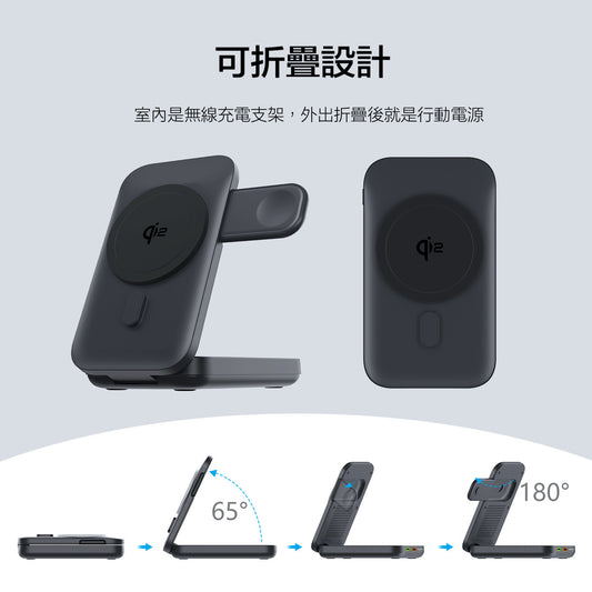 QI2超高速折疊式【三合一快充10000mAh行動電源】10000mAh大電量行動電源＋20W磁吸無線充電＋手錶充電器