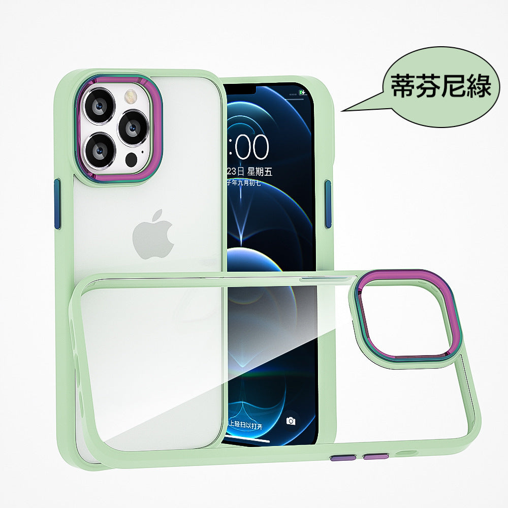 iPhone【鈦金金屬鏡頭防摔殼 】磨砂軟邊TPU＋高透亮PC背板一體成型【科技鈦色鏡頭＋可換式按鍵】
