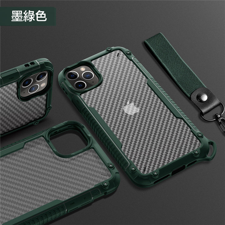 iPhone二合一碳纖紋掛繩防摔殼 【TPU+PC軍規防摔雙材質】附贈同色掛繩