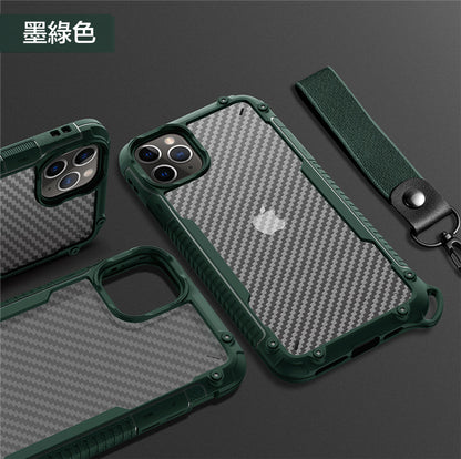 iPhone二合一碳纖紋掛繩防摔殼 【TPU+PC軍規防摔雙材質】附贈同色掛繩