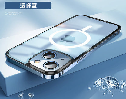 iPhone14系列13系列12系列 【不銹鋼磨砂玻璃殼】不銹鋼硬派邊框＋磨砂防髒背板 配置magsafe磁吸圈