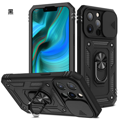 iPhone 【三合一鏡頭翻蓋手機殼】多色可選，銀幕邊框保護設計，具有指環支架