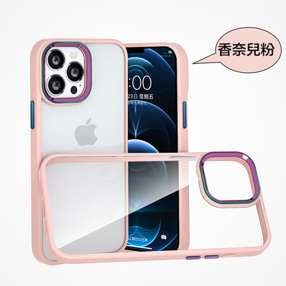 iPhone【鈦金金屬鏡頭防摔殼 】磨砂軟邊TPU＋高透亮PC背板一體成型【科技鈦色鏡頭＋可換式按鍵】