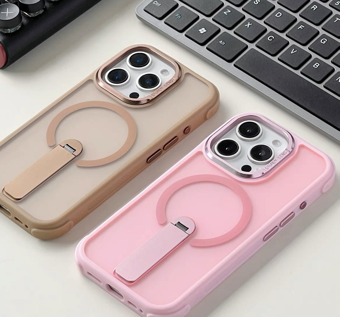 【直立旋轉支架】多巴胺超美色 iphone 雙倍增厚邊角磁吸防摔殼